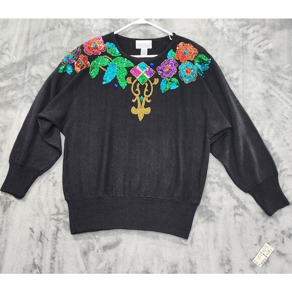 NEW Vintage Fitting Image Sequin Beaded Crew Neck Sweater Size 14/16 Black Ramie - Picture 1 of 12